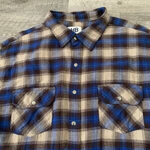 HB Harbor Bay Flannel Shirt Mens Sz 2XLT BIG TALL Blue Brown Pearl Snap Pockets